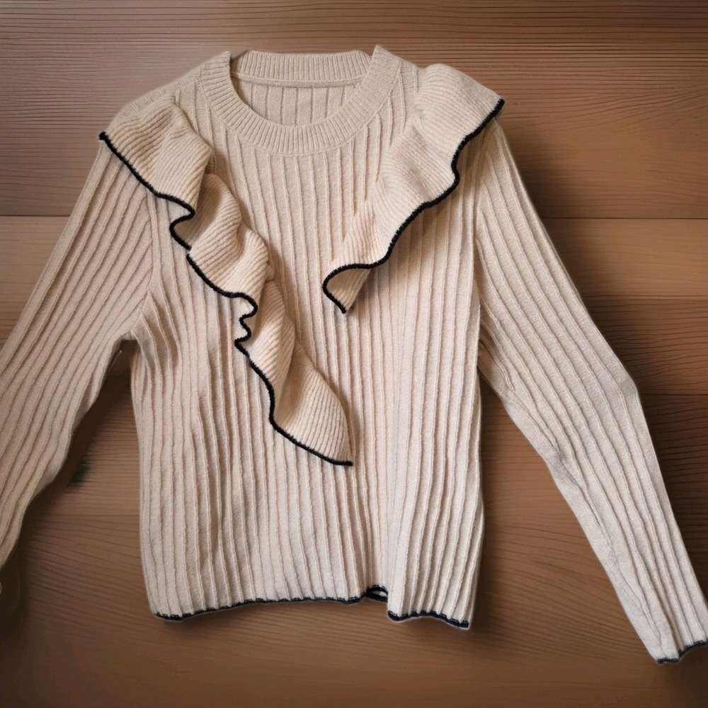 SHEIN Beige Asymmetrical Ruffle-Trim Ribbed Knit Sweater Size 1X